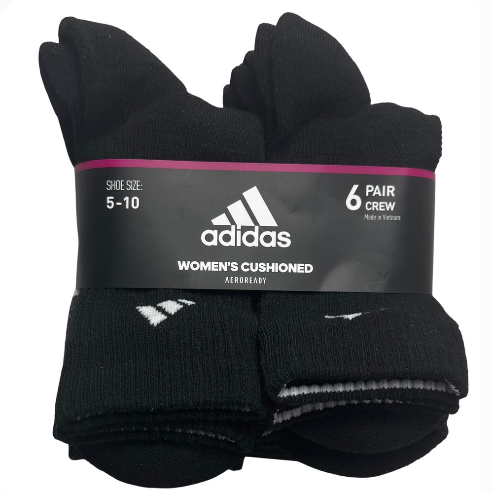 Adidas‎ Womens Cushioned Crew Socks 6 Pair Pack Black Aeroready Size 5-10